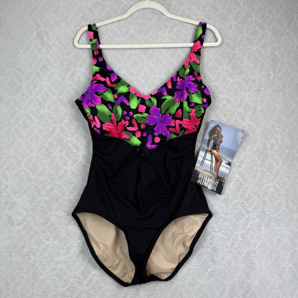 Vtg Carol Wior Slimsuit 16 One Piece Swim Shaping Tropical Beach Resort 80s 90s